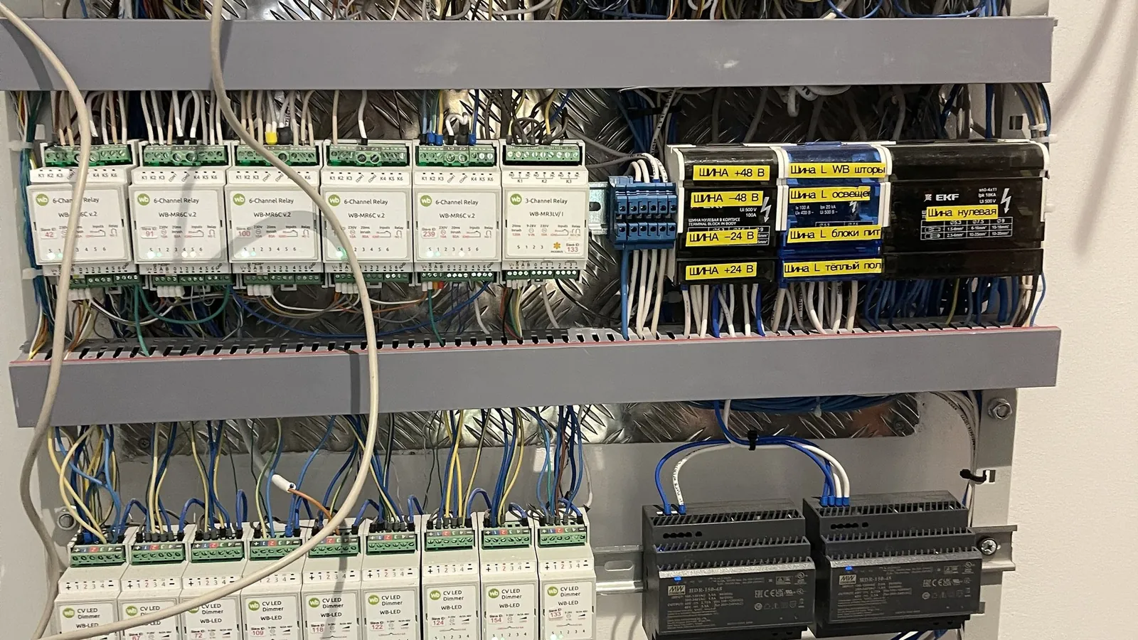 контроллер Wiren Board и модули ввода-вывода в щите крупным планом, шина автоматизации на din-рейке