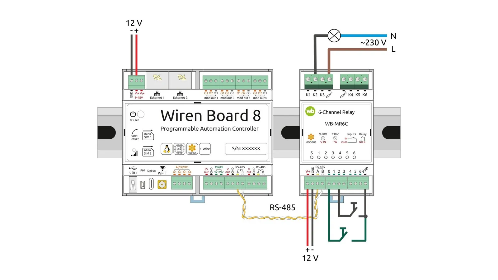 схема подключения: контроллер Wiren Board и модуль реле соединены шиной RS-485